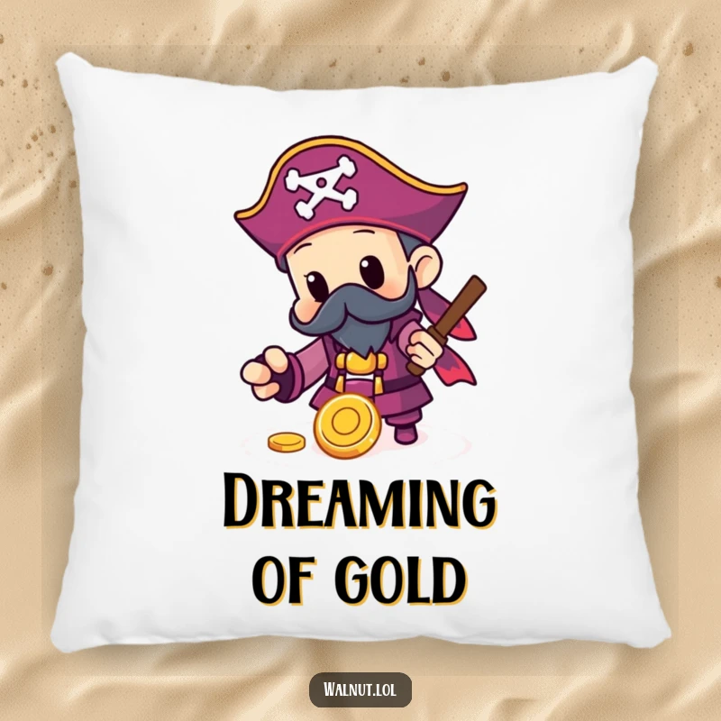 Funny Pirate Pillow featuring a character finding a shiny gold coin, bringing comfort and a touch of treasure-hunting fun.