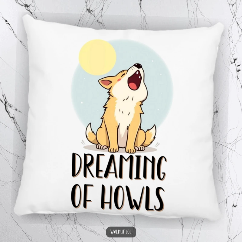 Funny Pillow featuring a happy dog howling at the moon, perfect for cozy nights and adding whimsical decor.
