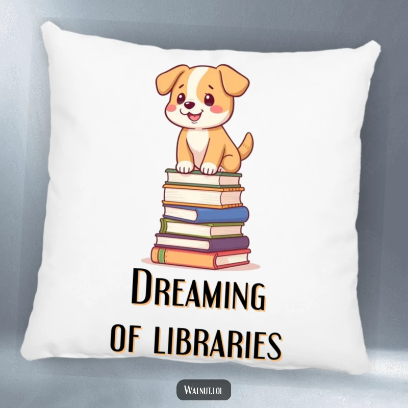 Funny dog pillow showing a dog balancing on a tilted stack of books, perfect for cozy spaces.