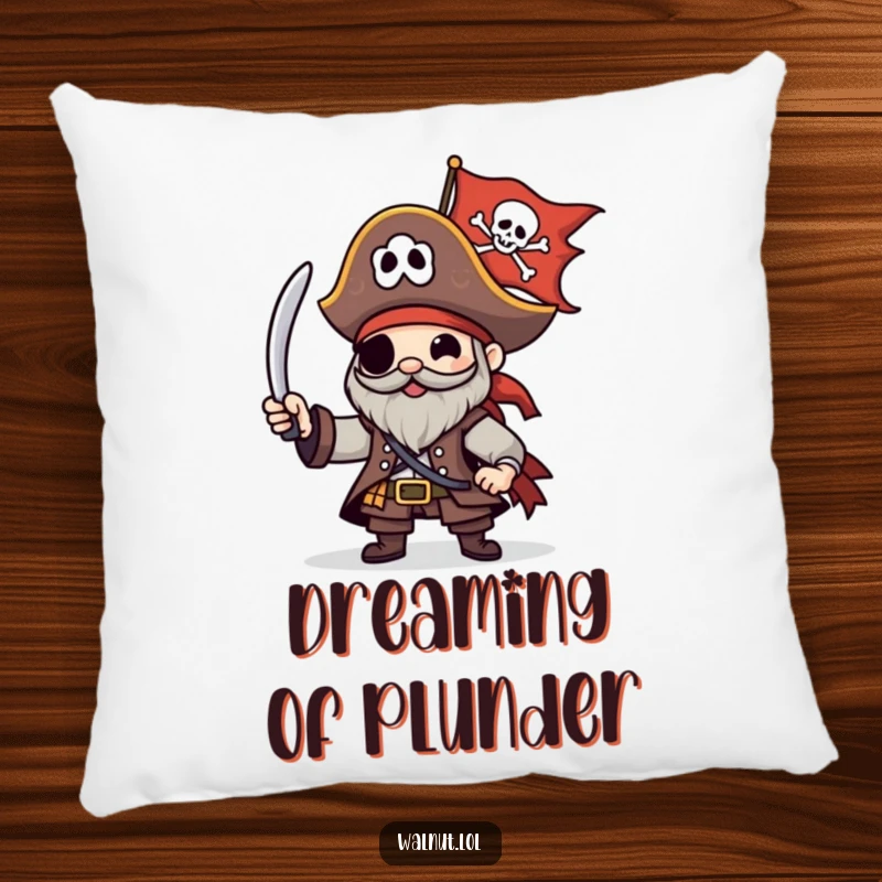 Funny Pirate Pillow featuring a character happily waving a Jolly Roger flag, bringing comfort and a touch of nautical fun.