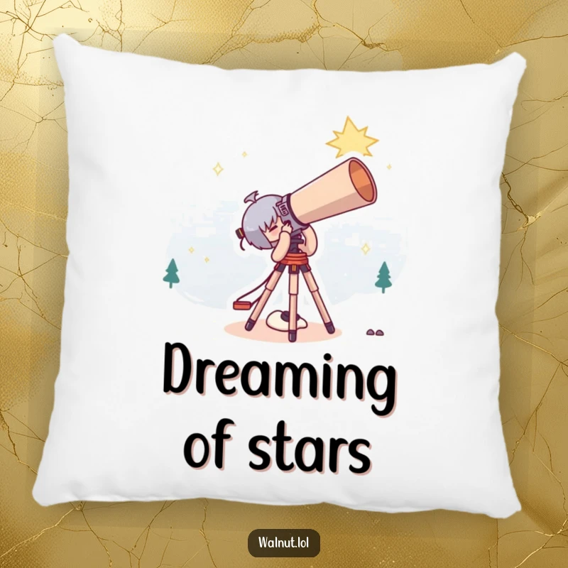 Funny Pillow with a cute character stargazing through a giant telescope, offering comfort and cosmic humor.