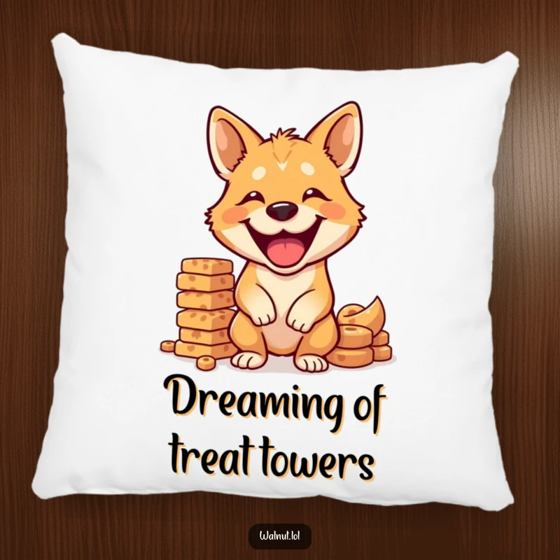Funny dog pillow featuring a grinning wild dog balancing a tall stack of treats, perfect for cozying up.