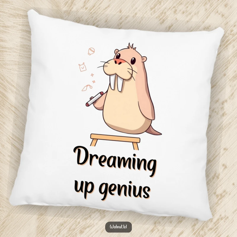Soft pillow featuring a funny walrus character sketching ideas on a whiteboard with a flipper, adding comical decor.