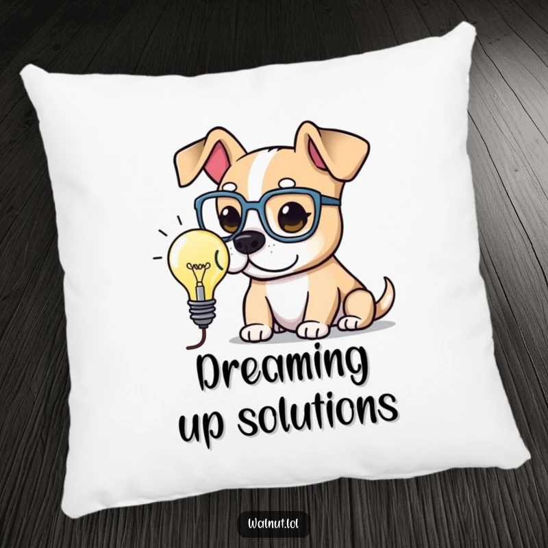 Funny Pillow with an intelligent dog wearing large spectacles, pondering a lightbulb. A soft and humorous decorative accent.