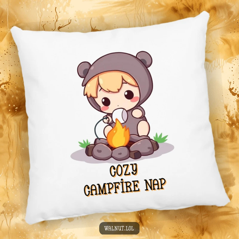 Funny Pillow with a cute character roasting a marshmallow over a small campfire, offering comfort and outdoor humor.