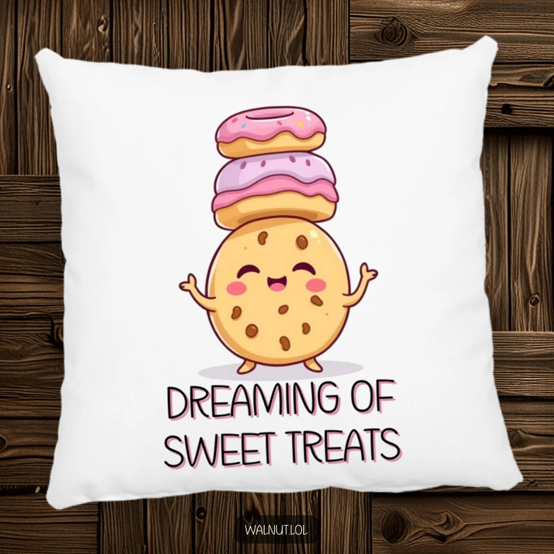 Funny giggling cookie character, balancing donuts on head, sweet treat humor, decorative funny pillow, happy food cushion.