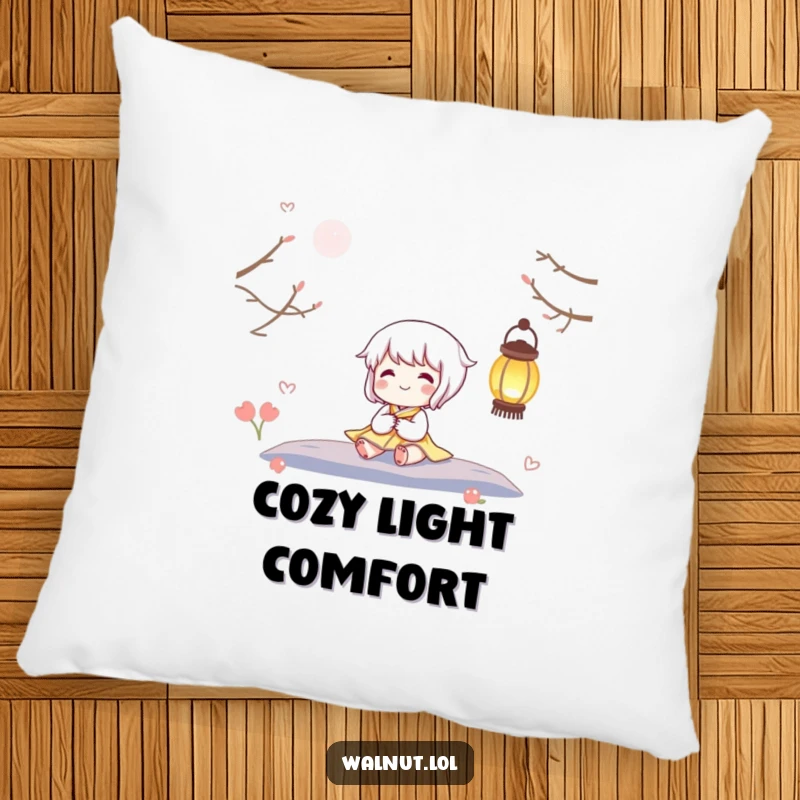 Funny pillow featuring a contented character sitting peacefully by a twinkling lantern, perfect for adding comfort and a warm glow.