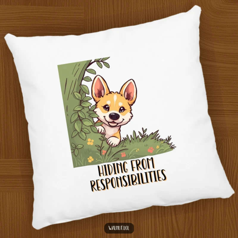 Funny dog pillow featuring a wild dog peeking from behind a bush with wide, curious eyes, perfect for charm.