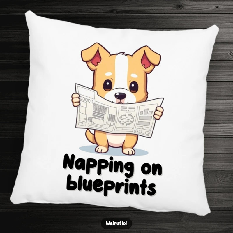 Funny pillow featuring a dog holding a complex blueprint with a curious expression, offering cozy comfort and a hint of architectural humor.