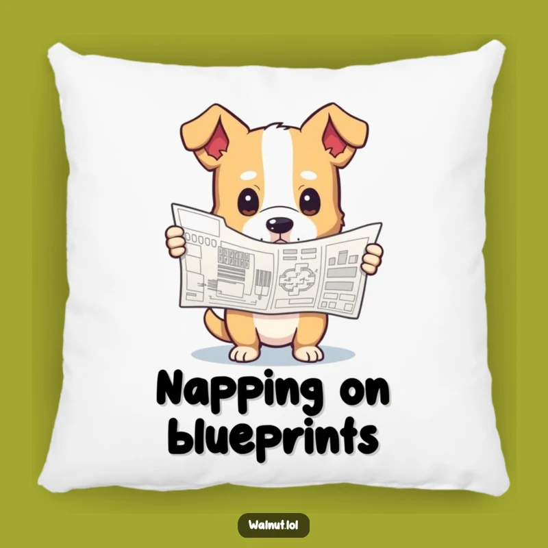 Funny Curious Dog Pillow: Cozy Comfort with Blueprint Thoughts, A Funny Gift