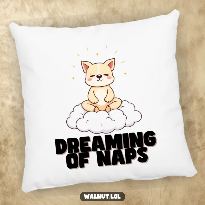 Funny dog pillow with a dog meditating peacefully on a cloud, perfect for cozy relaxation.