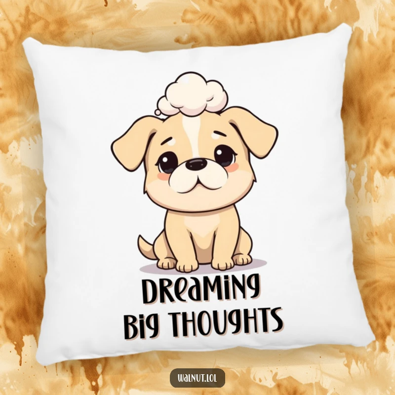 Funny dog pillow showing a dog deep in profound thought, ideal for adding a humorous touch.