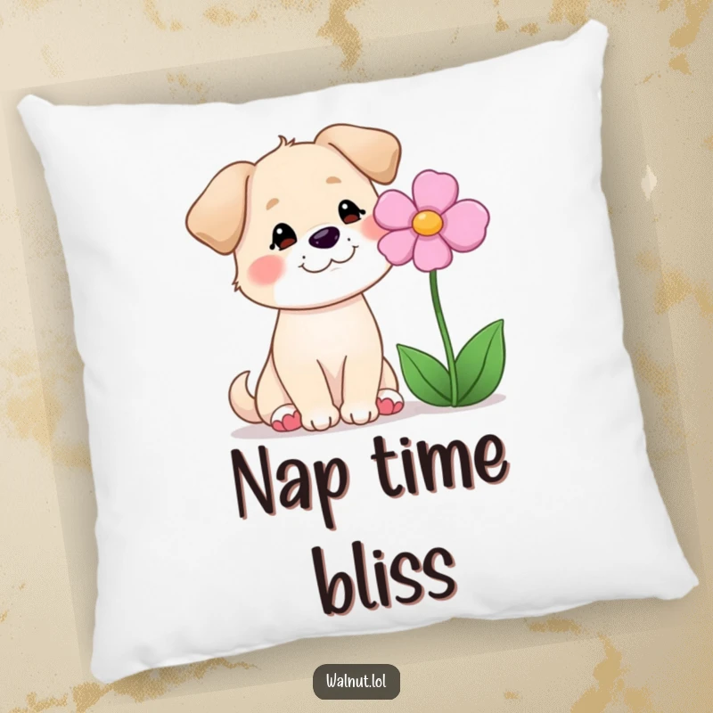 Funny decorative pillow with a serene dog smiling at a flower, bringing gentle humor and cozy comfort.