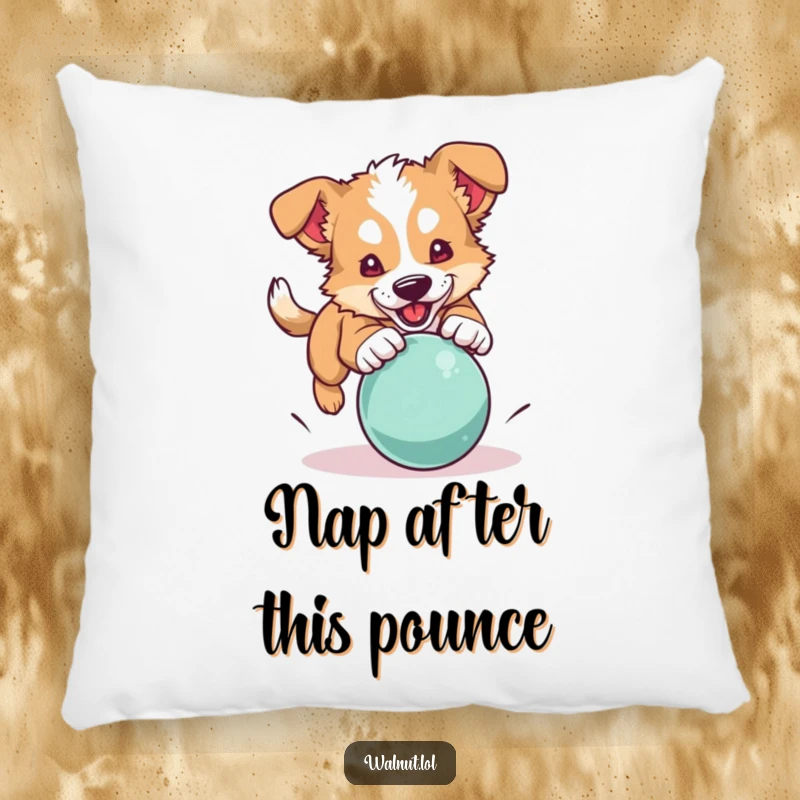Funny dog pillow showing a wild dog energetically pouncing on a bouncing ball, perfect for a playful touch.