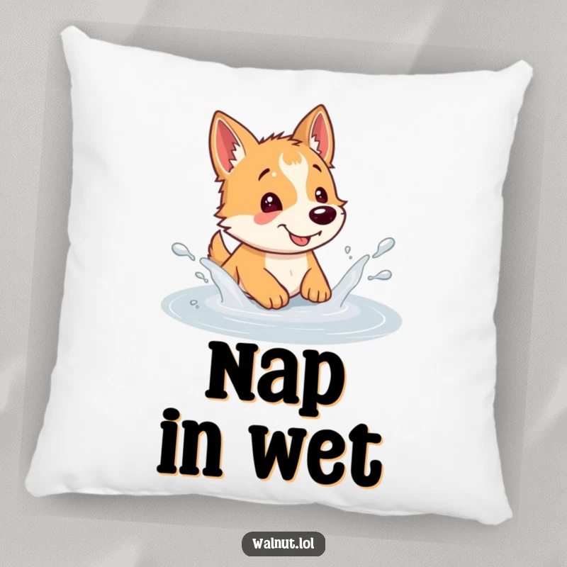 Funny dog pillow showcasing a happy wild dog splashing joyfully in a puddle, bringing cheer and comfort to any room.