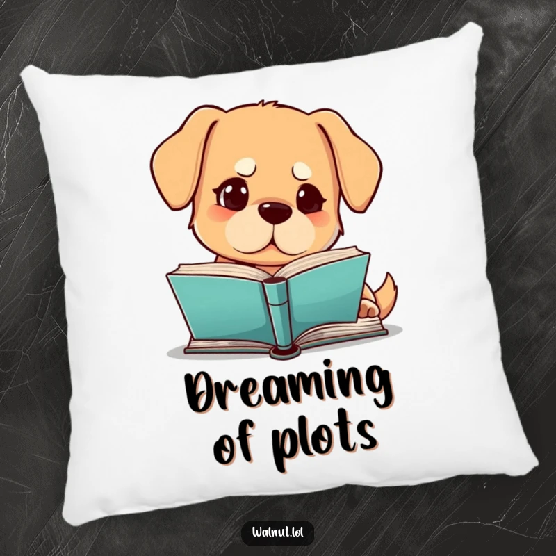 Funny dog pillow with a dog intently reading a book with a furrowed brow, soft and humorous, great funny gift.