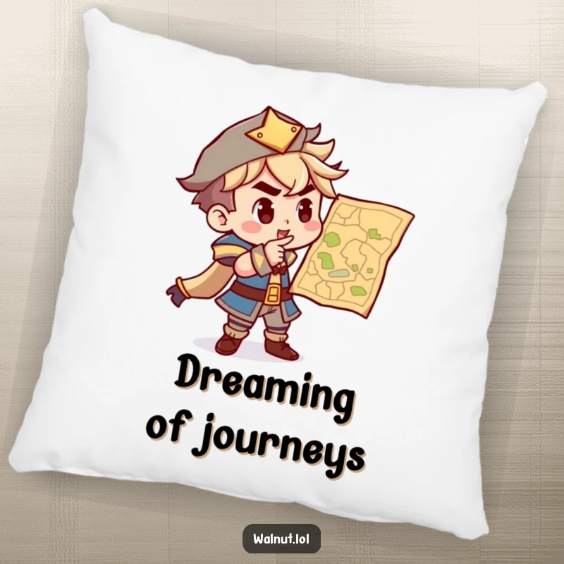 Funny pillow with a determined character pointing at a map, bringing comfort and a sense of adventure to any room.