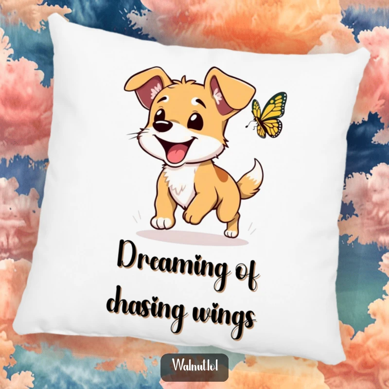 Funny dog pillow showcasing a happy wild dog with floppy ears playfully chasing a butterfly, adding charm to any room.