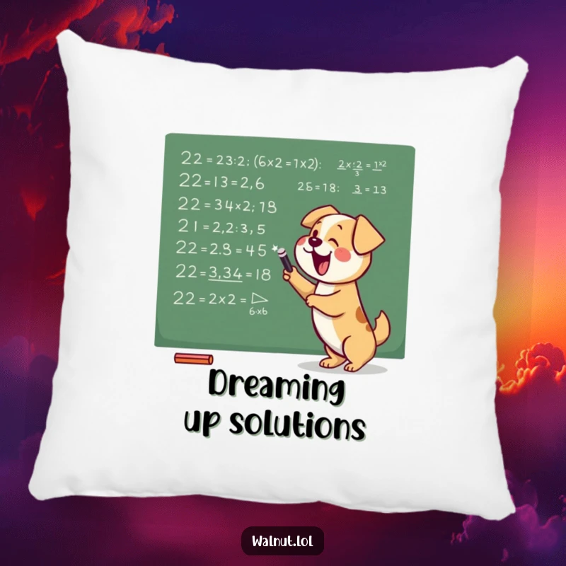 Funny pillow featuring a dog focused on writing mathematical equations on a chalkboard, offering comfort and a humorous intellectual vibe.