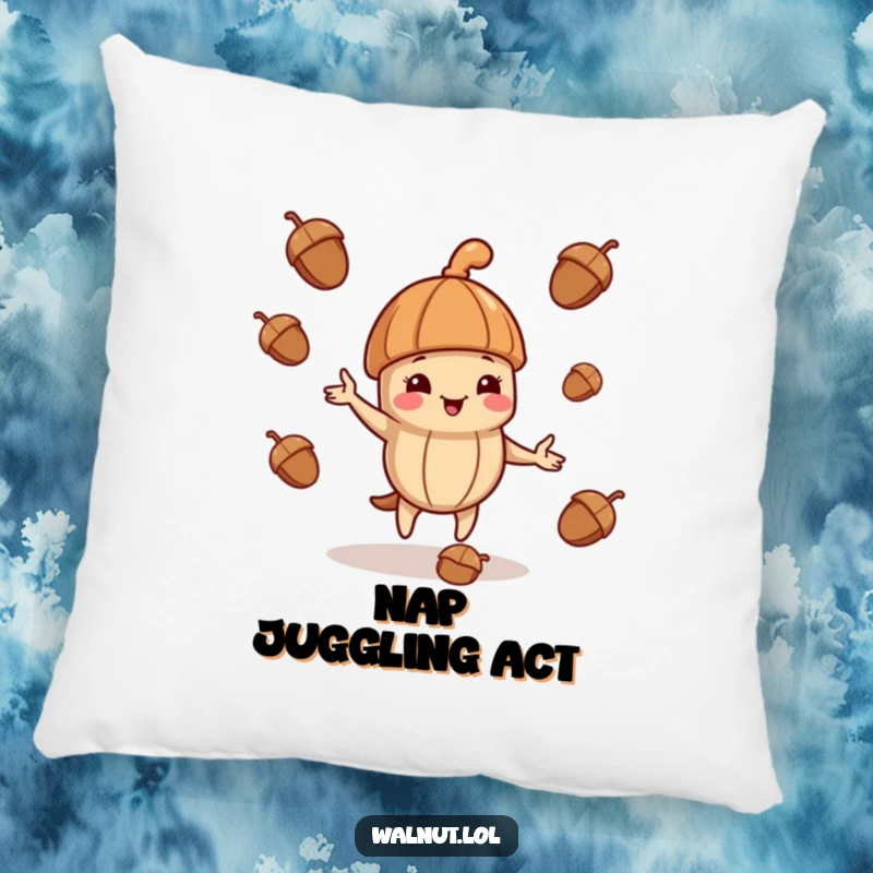 Funny decorative pillow featuring a walnut character in a jaunty cap, playfully juggling acorns.