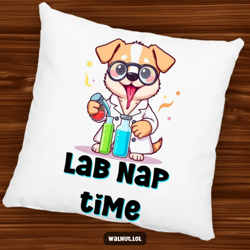 Funny lab coat dog pillow showing a dog in a lab coat mixing potions, providing comfort and a scientific chuckle.