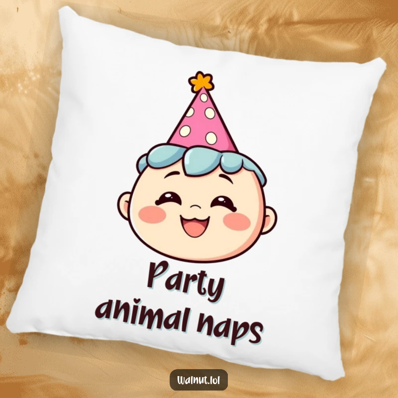 Funny decorative pillow with a character wearing a party hat and a silly grin, offering comfort and festive humor.