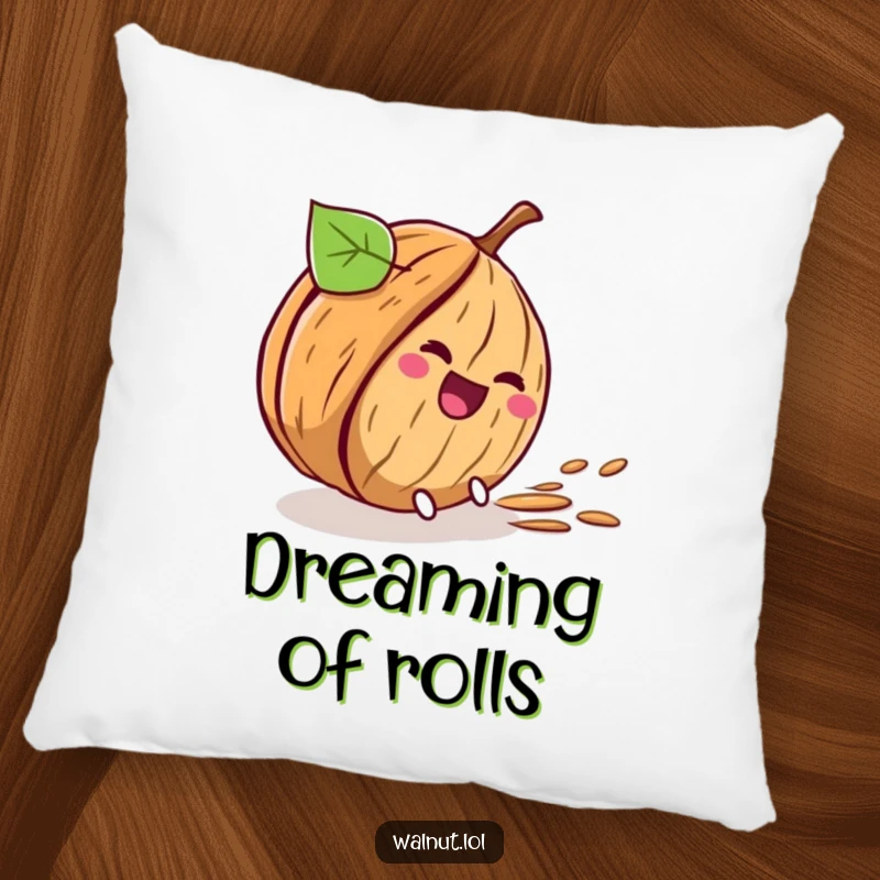 Funny throw pillow featuring a walnut character comically rolling downhill, symbolising fun and relaxation.