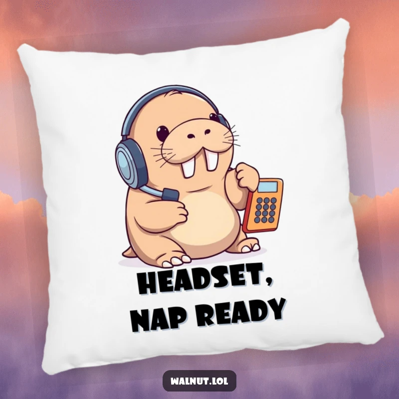 Funny pillow with a walrus wearing a headset and answering a phone, adding a touch of playful humor and comfort to any seating area.