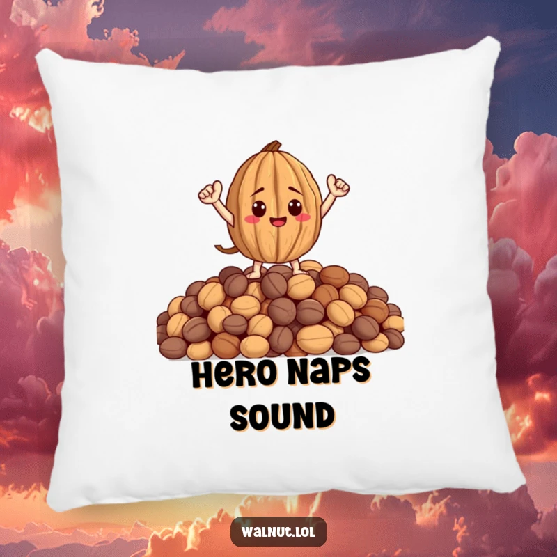 Funny decorative pillow with a walnut character striking a heroic pose on a pile of nuts, perfect for cozy spots.
