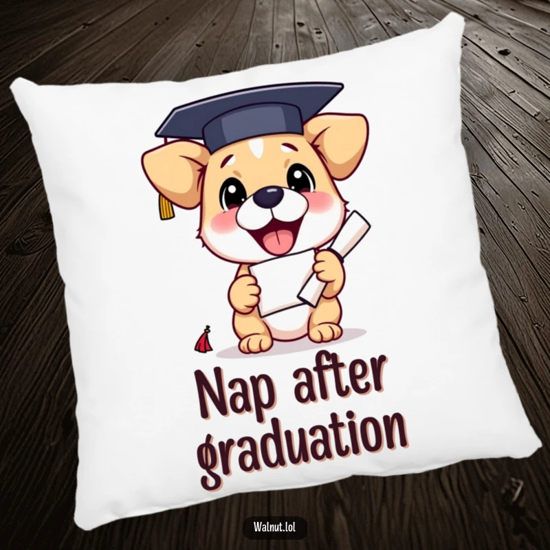 Funny graduation dog pillow showing a happy dog in cap and gown, diploma clutched, bringing smiles and comfort.
