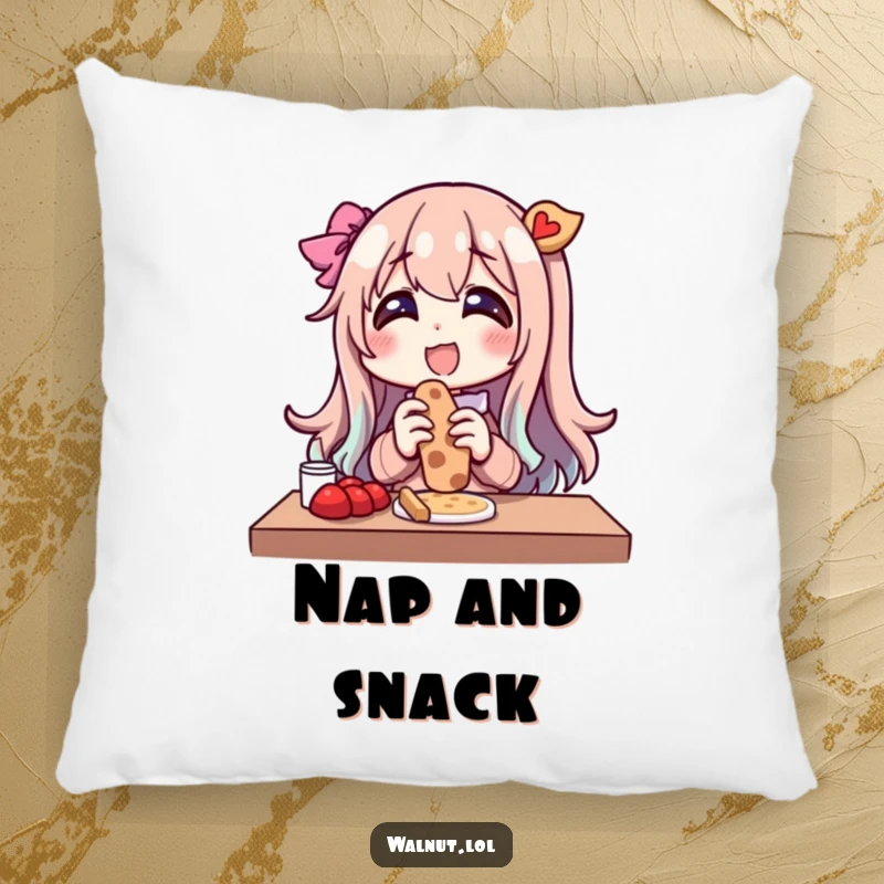 Funny pillow featuring a character's joyful and gleeful expression while eating a snack outdoors. Soft and humorous decor.