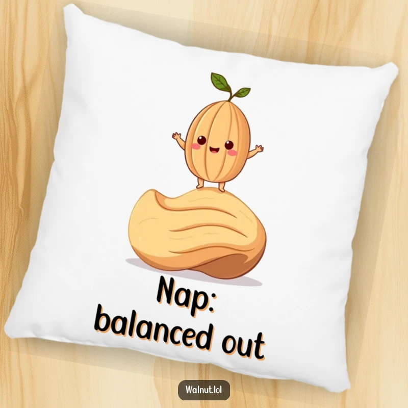 Funny Pillow featuring a smiling walnut character precariously balanced on a giant cashew, perfect for cozy humor.