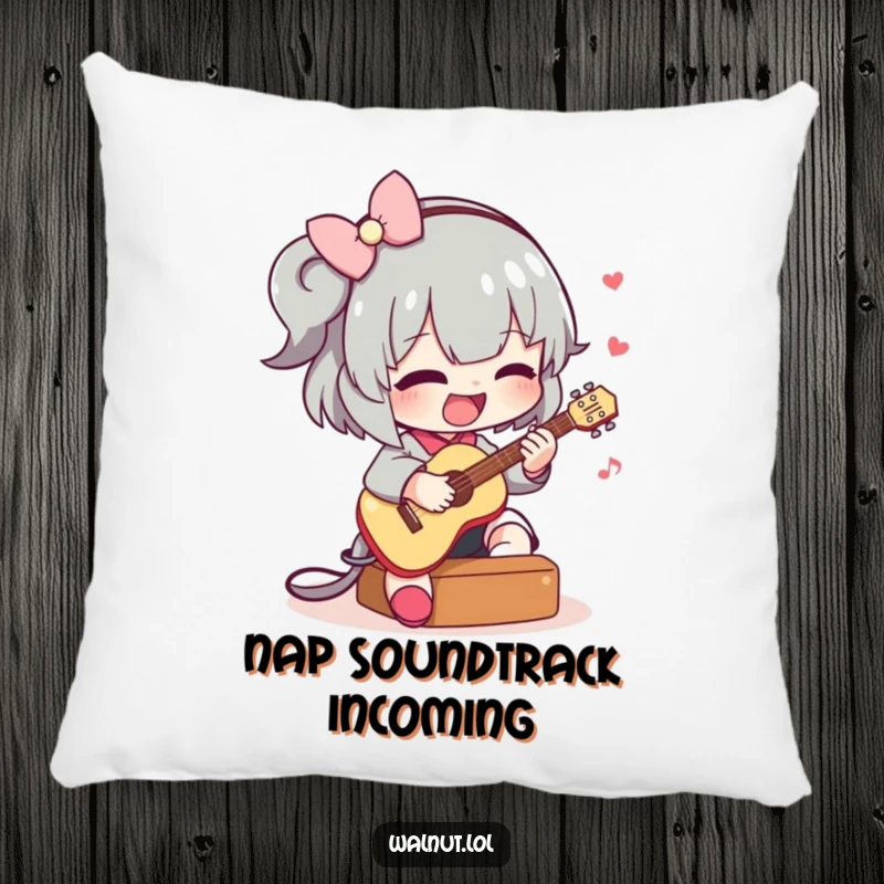 Funny pillow with a cute character joyfully playing a miniature guitar, providing comfort and a touch of musical humor to any living space.