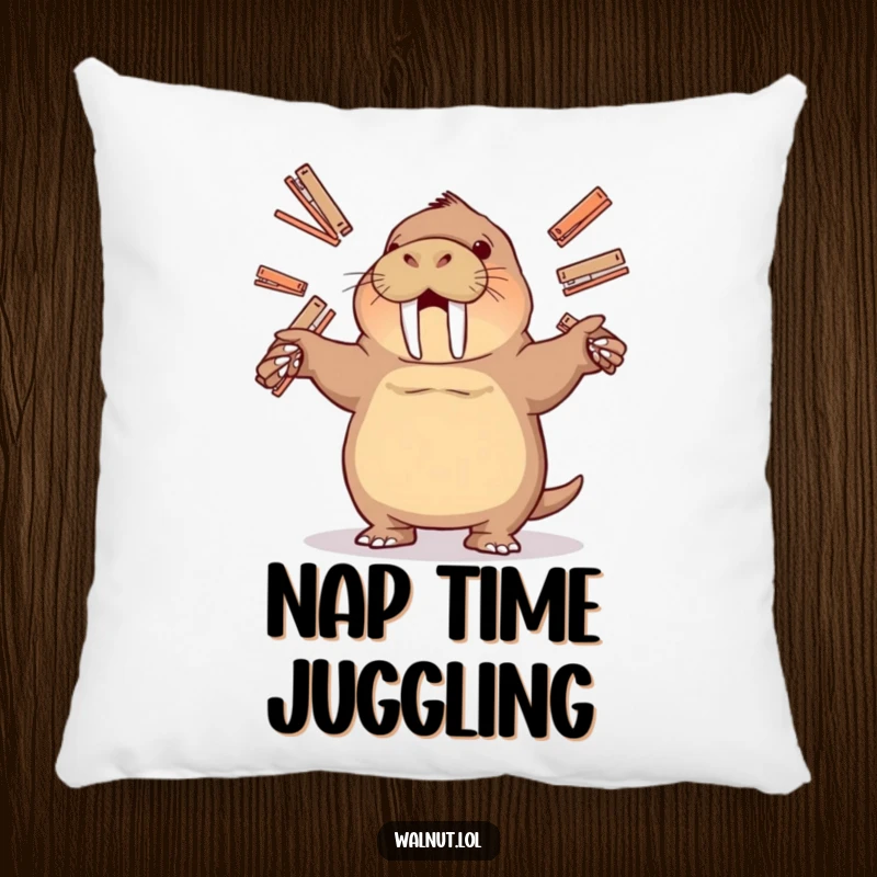 Funny pillow featuring a walrus juggling staplers, adding a touch of playful chaos and comfort to any seating area.