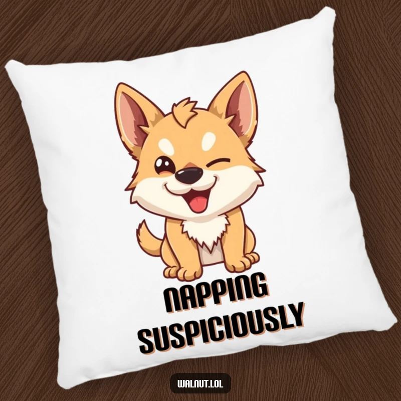 Funny Pillow with a wild dog character giving a mischievous wink. A soft and humorous decorative accent for any room.