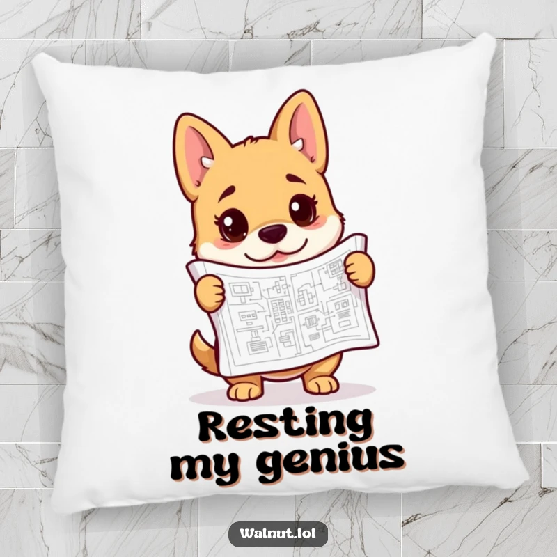 Funny blueprint dog pillow showing a thoughtful dog with a detailed blueprint, offering comfort and a hint of genius.