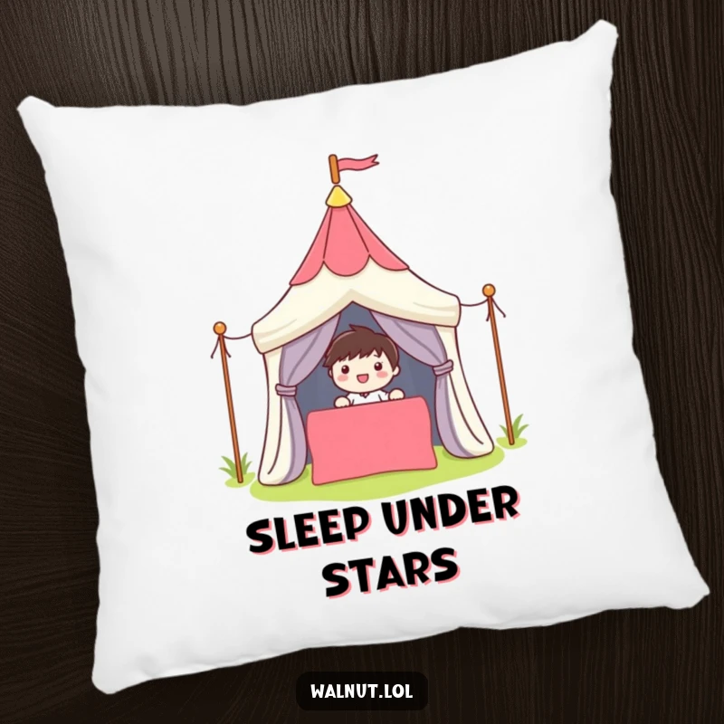 Funny Pillow with a cute character smiling while setting up a colorful tent, offering comfort and outdoor humor.