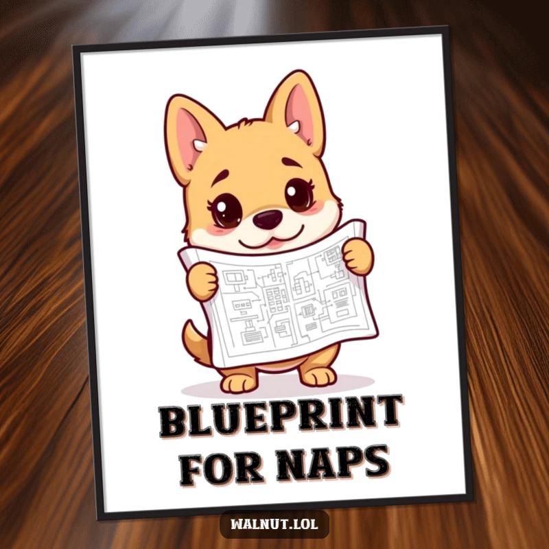 Funny blueprint dog digital art print of a curious dog studying complex architectural plans, perfect for instant wall decor.