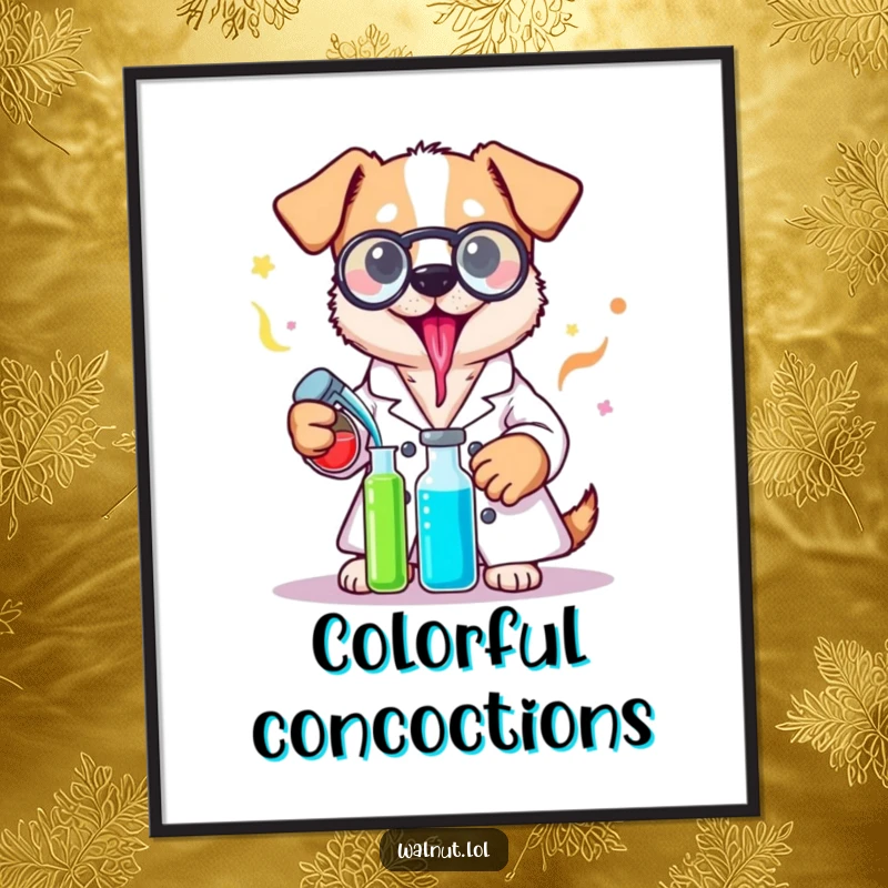 Funny lab coat dog digital art print of a dog in a lab coat mixing colorful liquids, ready for instant display.