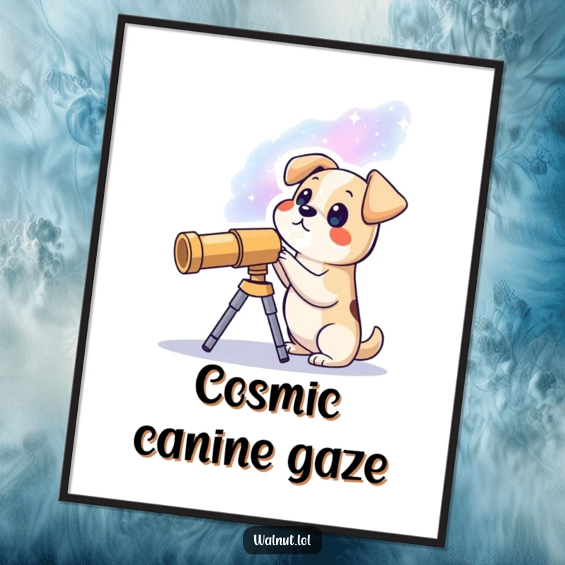 Funny digital art print of a dog looking through a telescope at a galaxy, ideal for humorous and cosmic-themed decor.