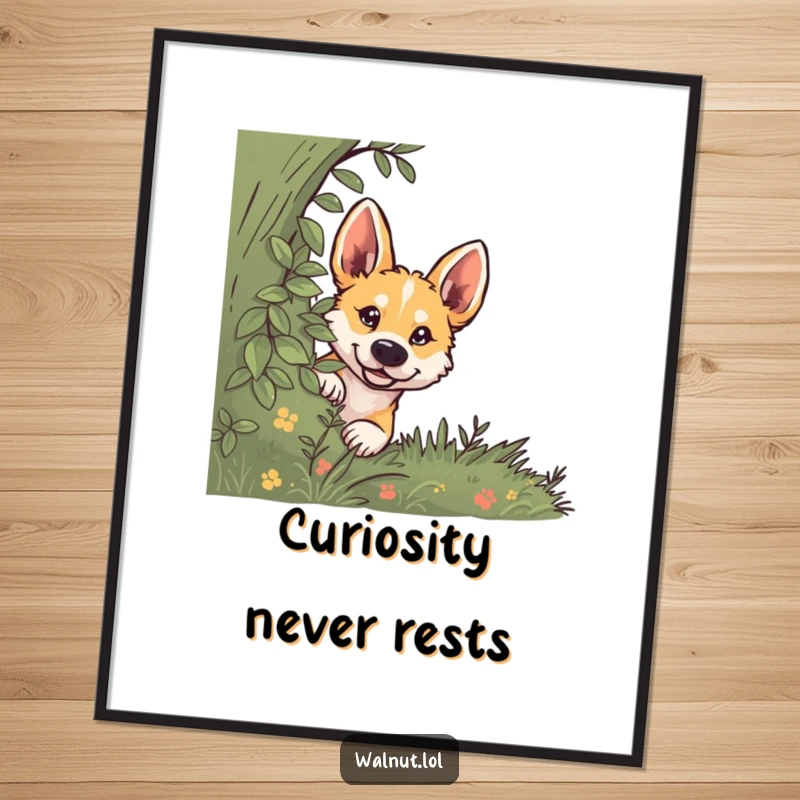 Funny dog digital art print of a wild dog peeking from behind a bush with curious eyes, ready to frame.