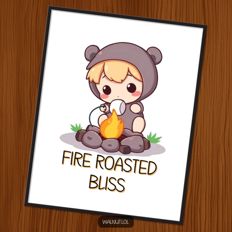 Funny Digital Art Print of a cute character roasting a marshmallow over a tiny campfire, perfect for adding cozy humor.