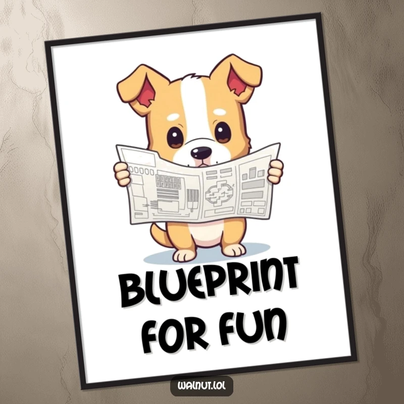 Funny digital art print of a dog holding a complex blueprint with a curious expression, perfect for humorous and inspiring wall decor.