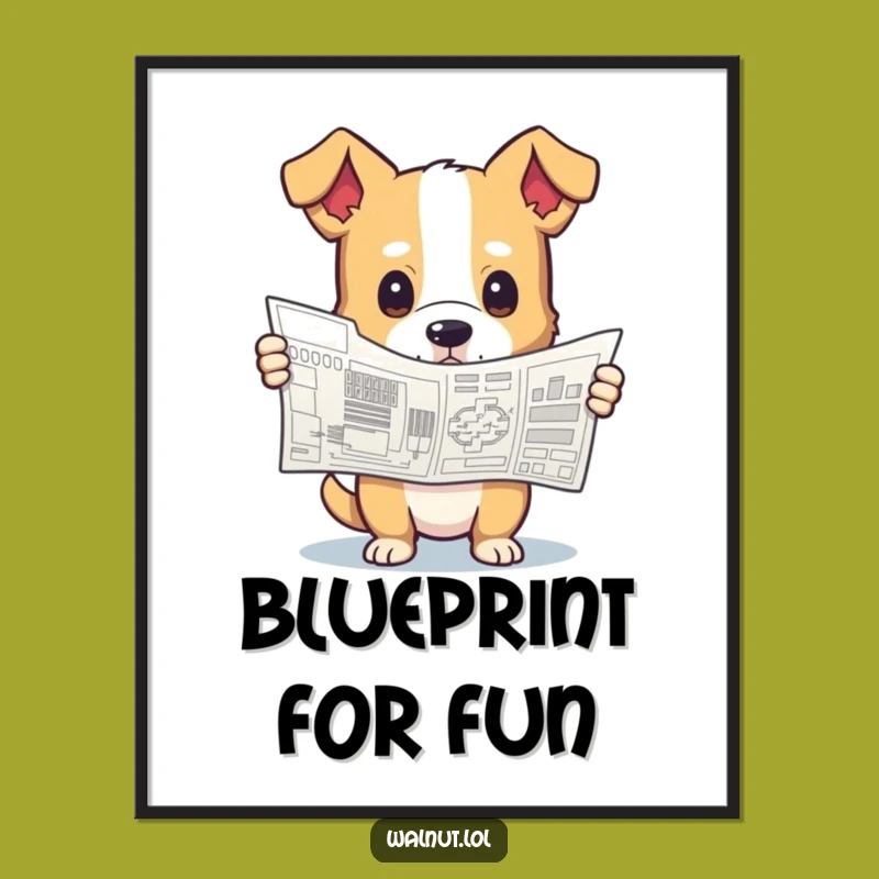 Funny Blueprint Dog Digital Art Print: Curious Canine Design, Funny Wall Decor Gift