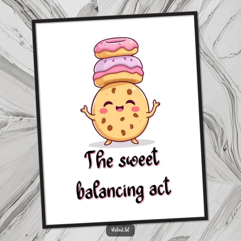 Funny giggling cookie character, balancing donuts on head, sweet treat humor, printable wall art, dessert funny gift.