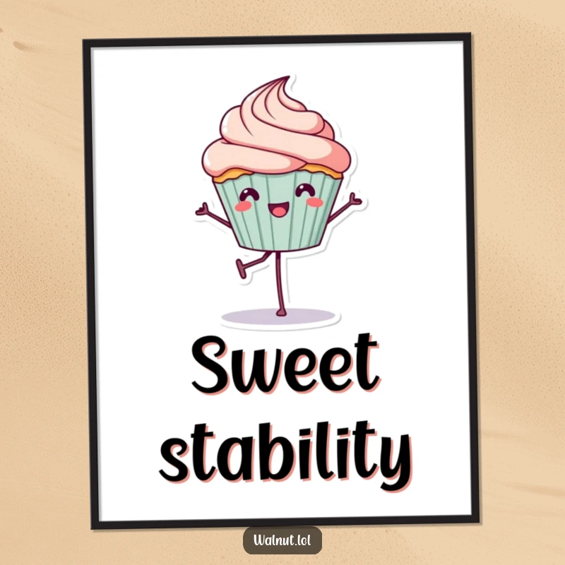 Funny Digital Art: A happy cupcake character balances on one leg, capturing a moment of pure, sweet, humorous joy.