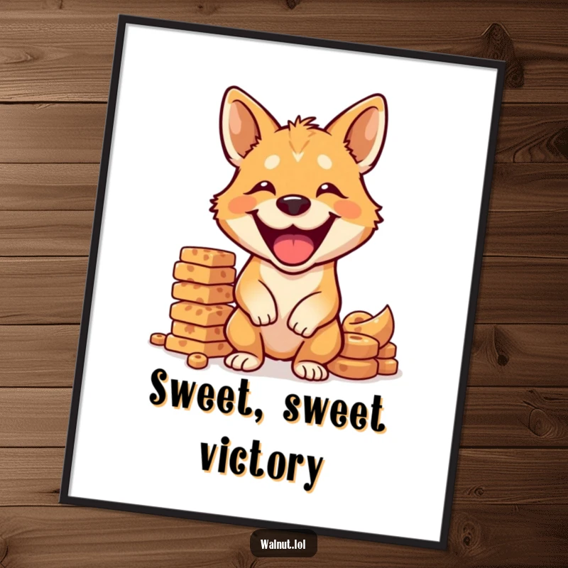 Funny dog digital art print of a wild dog grinning while balancing a tall stack of treats, ready to frame.