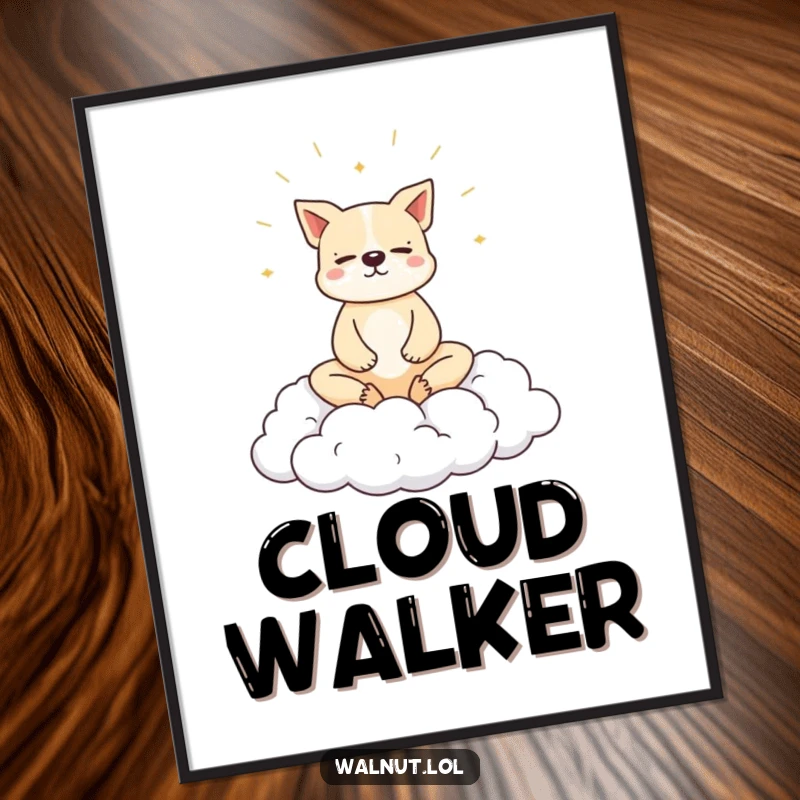 Funny dog digital art print with a dog meditating peacefully on a cloud, perfect for calm decor.