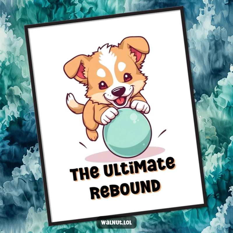 Funny dog digital art print of a wild dog leaping to pounce on a bouncing ball, ready to frame.