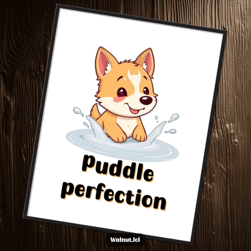 Funny dog digital art print of a wild dog joyfully splashing in a puddle, capturing a moment of spontaneous, wet fun.